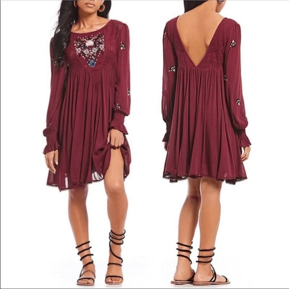 NWT FREE PEOPLE MOHAVE EMBROIDERED FLORAL MINI DRESS IN PLUM SIZE SMALL
